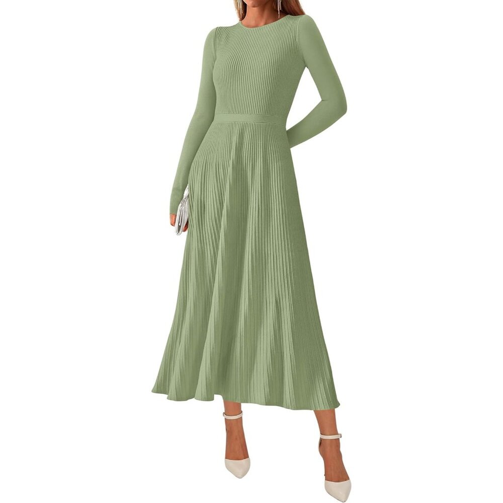 Women's Business Casual Long Sleeve Ribbed Knit Pleated Midi Dress 2025